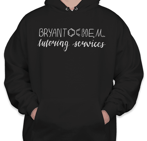 Front of the black BryantOchem Original Heavyweight hoodie with white tutoring services artwork.