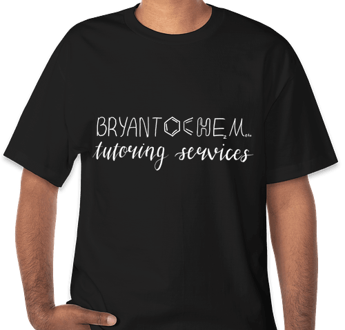 Front of the black BryantOchem Signature Tee with white tutoring services artwork.