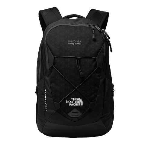 Black North Face backpack with BryantOchem artwork near the top, shown as The Campus Pack.