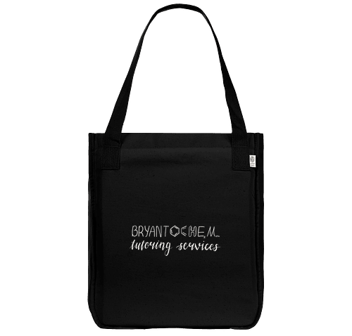 Front of the black BryantOchem Daily Tote with the white tutoring services logo.